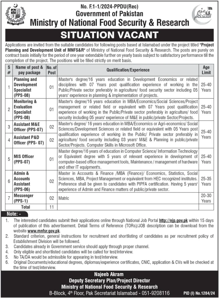 Latest Ministry of National Food Security & Research (MNFSR) Jobs 2024 Apply Now 1 Ministry of National Food Security & Research (MNFSR) Jobs
