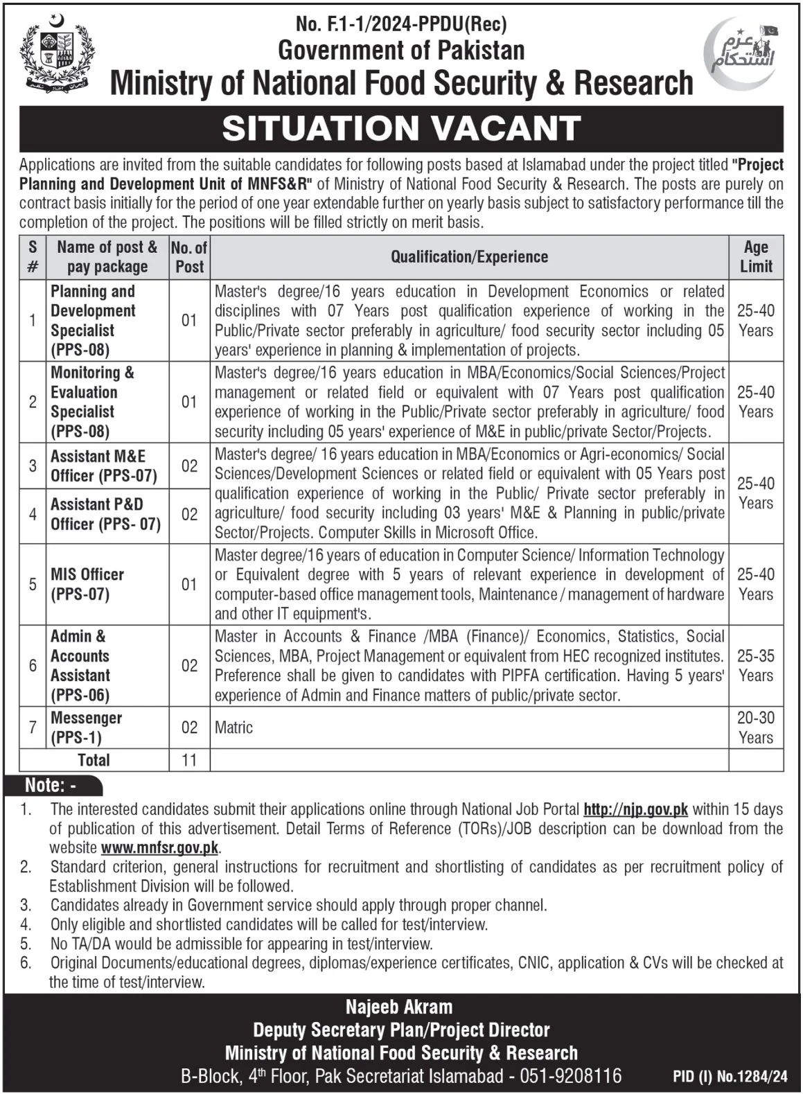 Latest Ministry of National Food Security & Research (MNFSR) Jobs 2024 Apply Now