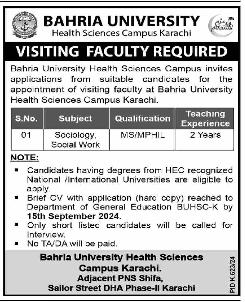 Bahria University Health Sciences Campus Jobs in Pakistan 1 Bahria University Health Sciences Campus Jobs in Pakistan