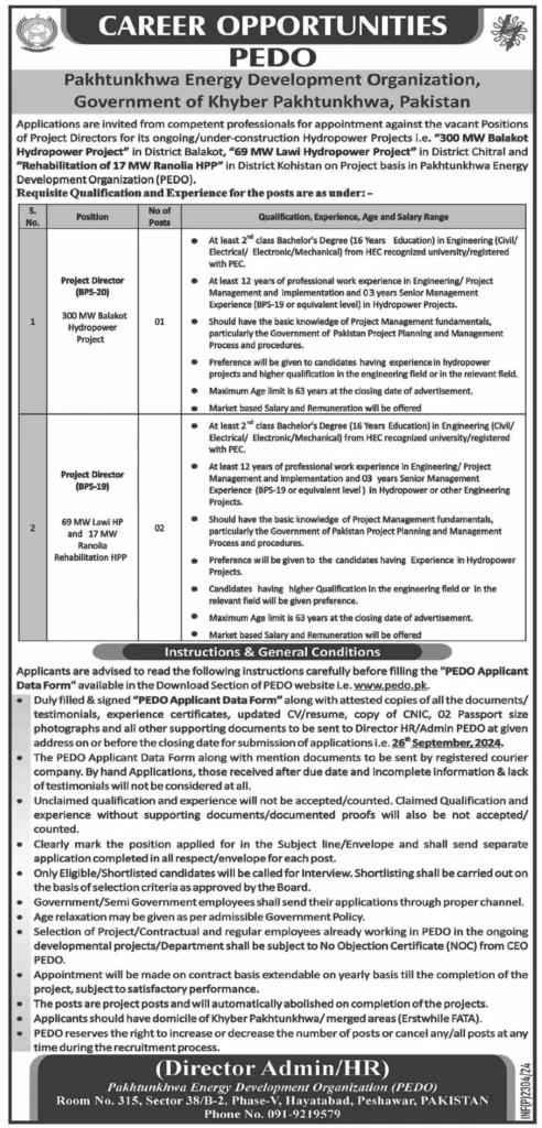 Career Opportunities in Pakhtunkhwa Energy Development Organization (PEDO) 2024 1 Career Opportunities in Pakhtunkhwa Energy Development Organization (PEDO) 2024