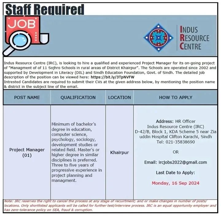 Indus Resource Centre (IRC) Jobs 2024 1 Indus Resource Centre (IRC) Jobs 2024