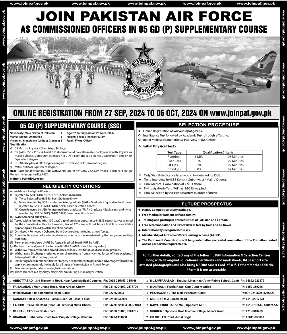 Join Pakistan Air Force as Commissioned Officers 05 GD (P) Supplementary Course