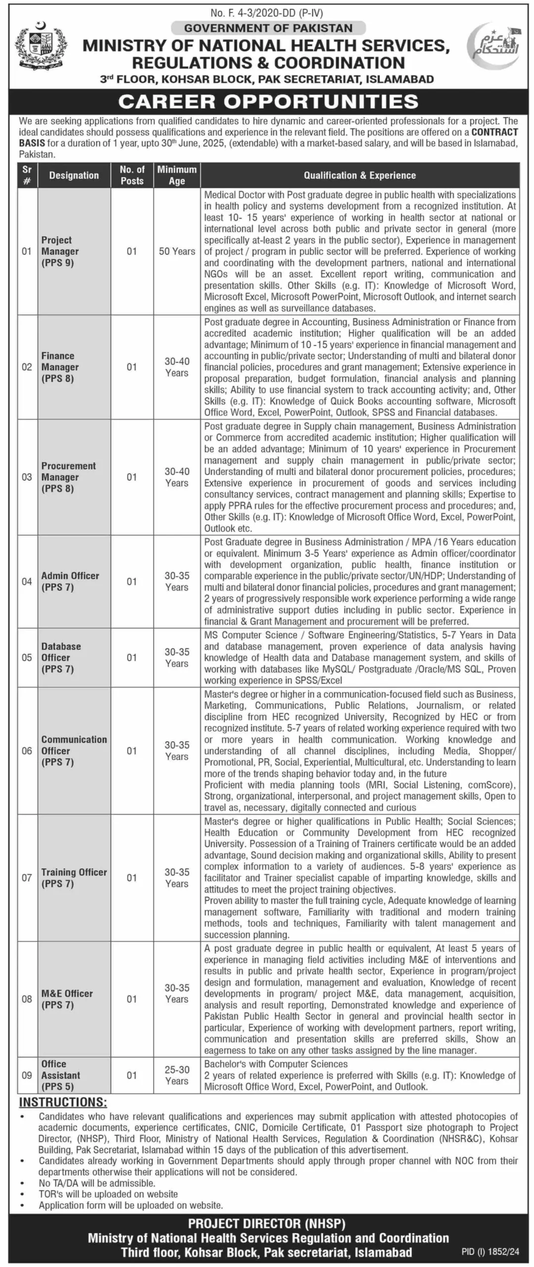 Ministry of National Health Services Jobs 2024 Apply Online