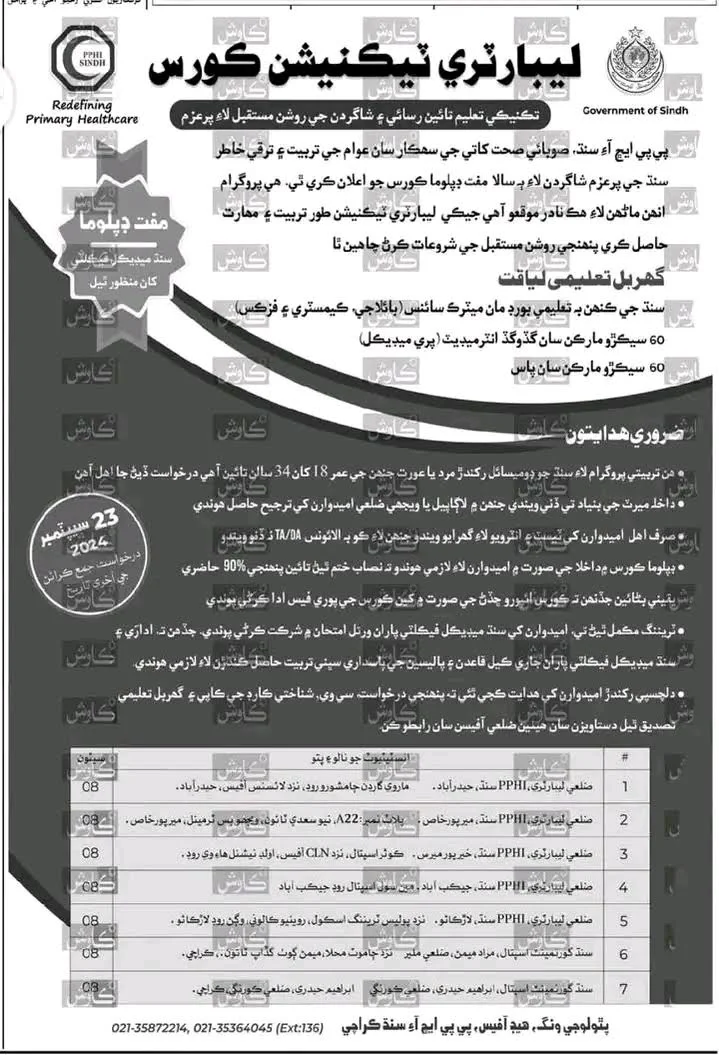 PPHI Sindh Laboratory Technician Course 2024