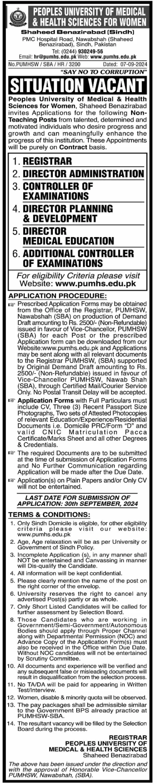 Peoples University of Medical & Health Sciences for Women (PUMHSW) Jobs 2024