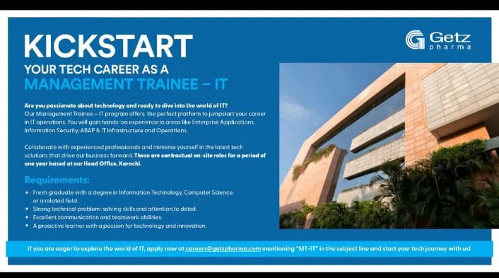 Getz Pharma Jobs 2024 Apply Online 2 Getz Pharma Jobs 2024 Apply Online, Are you passionate about technology and excited to begin a career in the ever-evolving world of information technology? Getz Pharma is offering an excellent opportunity through its Management Trainee - IT program.