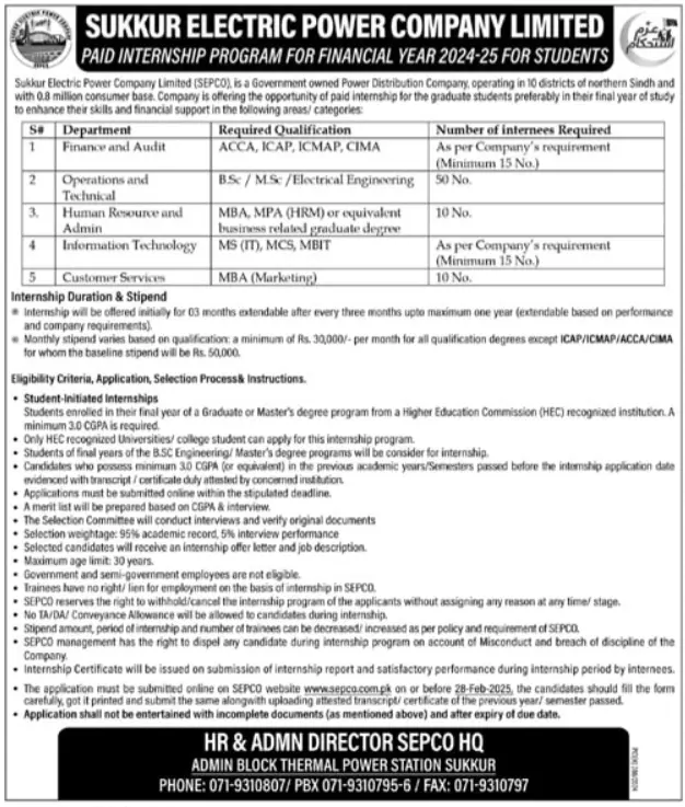 Sukkur Electric Power Company Limited (SEPCO) Internship 2025 1 Sukkur Electric Power Company Limited (SEPCO) Internship 2025