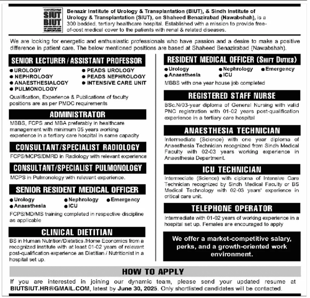 Benazir Institute of Urology Sindh Job Posts 1 Benazir Institute of Urology Karachi Job Posts