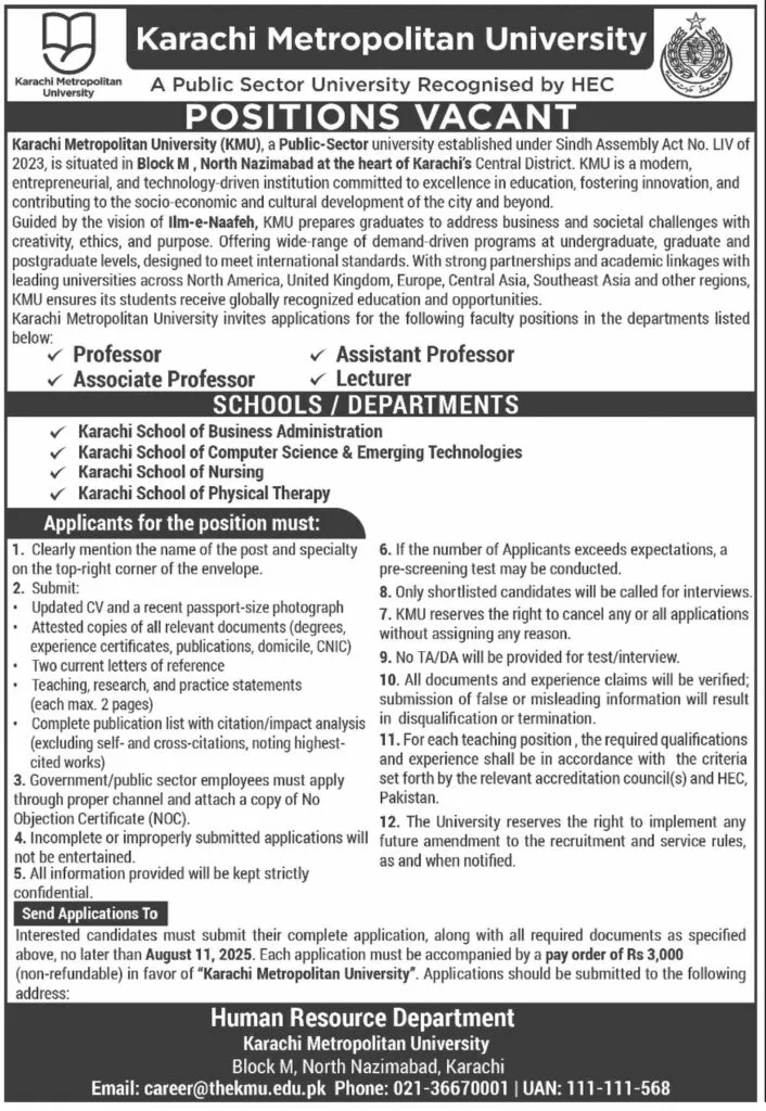 KMU Karachi Metropolitan University Jobs in Sindh