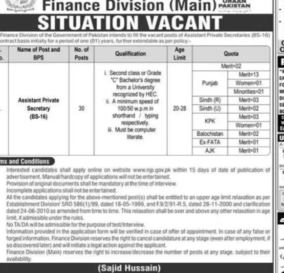 Finance Division Government of Pakistan Jobs