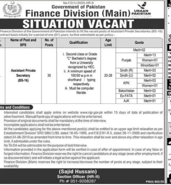 Finance Division Government of Pakistan Jobs