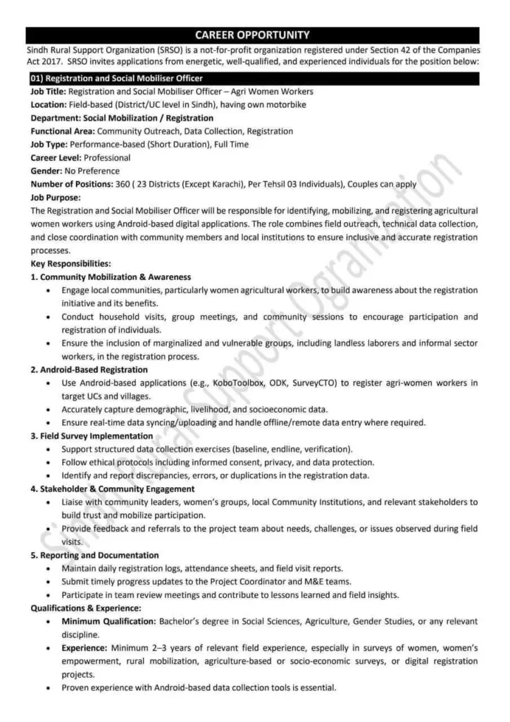 Sindh Rural Support Organization SRSO 360+ Social Mobiliser Jobs